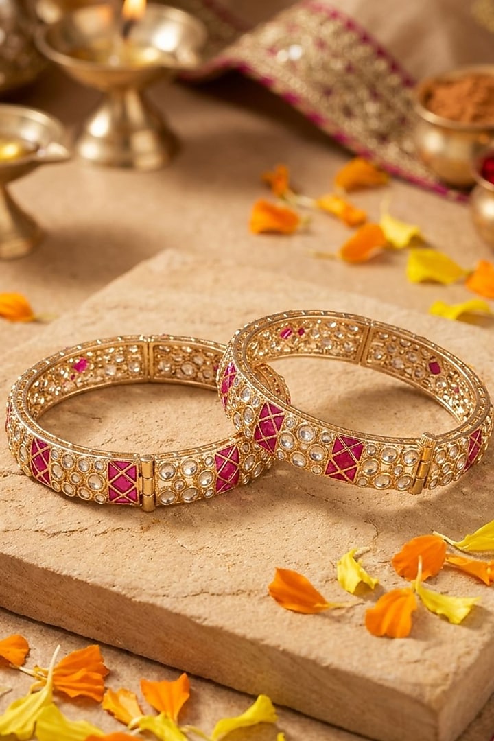 Gold Finish Kundan Polki & Red Stone Bangles (Set Of 2) by Gehna Shop at Pernia's Pop Up Shop