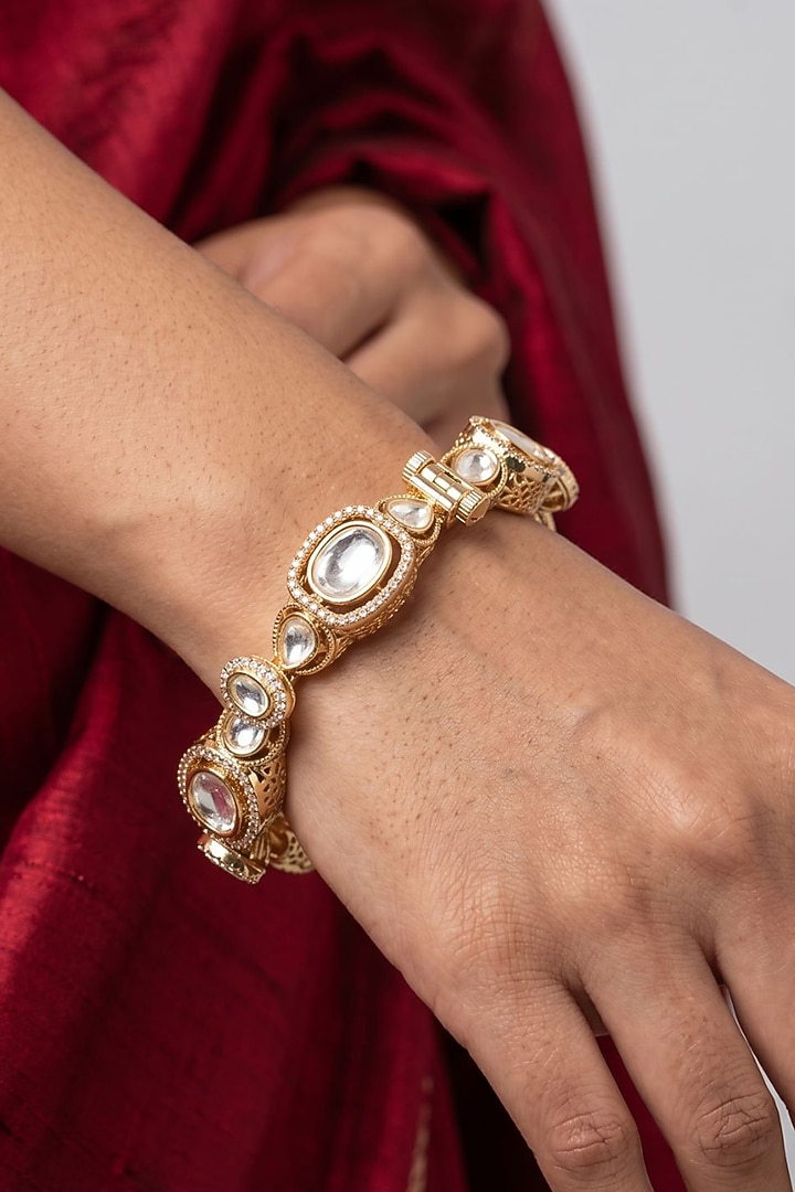 Rose Gold Finish Kundan Polki & White Stone Bangles (Set Of 2) by Gehna Shop at Pernia's Pop Up Shop