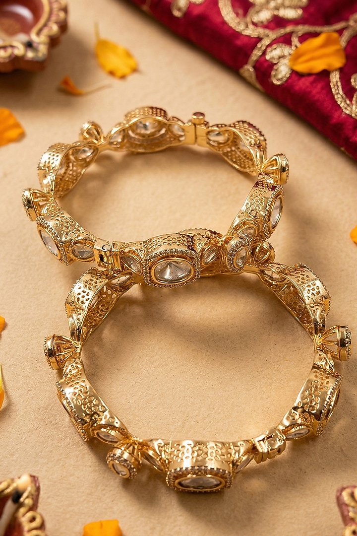 Rose Gold Finish Kundan Polki & White Stone Bangles (Set Of 2) by Gehna Shop at Pernia's Pop Up Shop