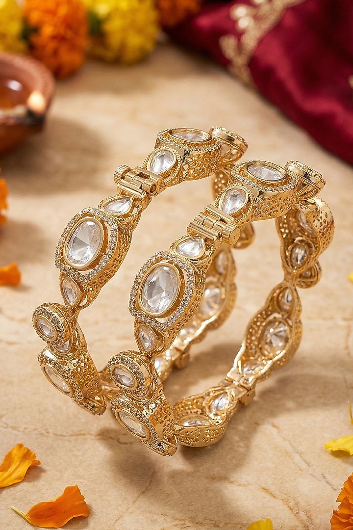 Rose Gold Finish Kundan Polki & White Stone Bangles (Set Of 2) by Gehna Shop at Pernia's Pop Up Shop