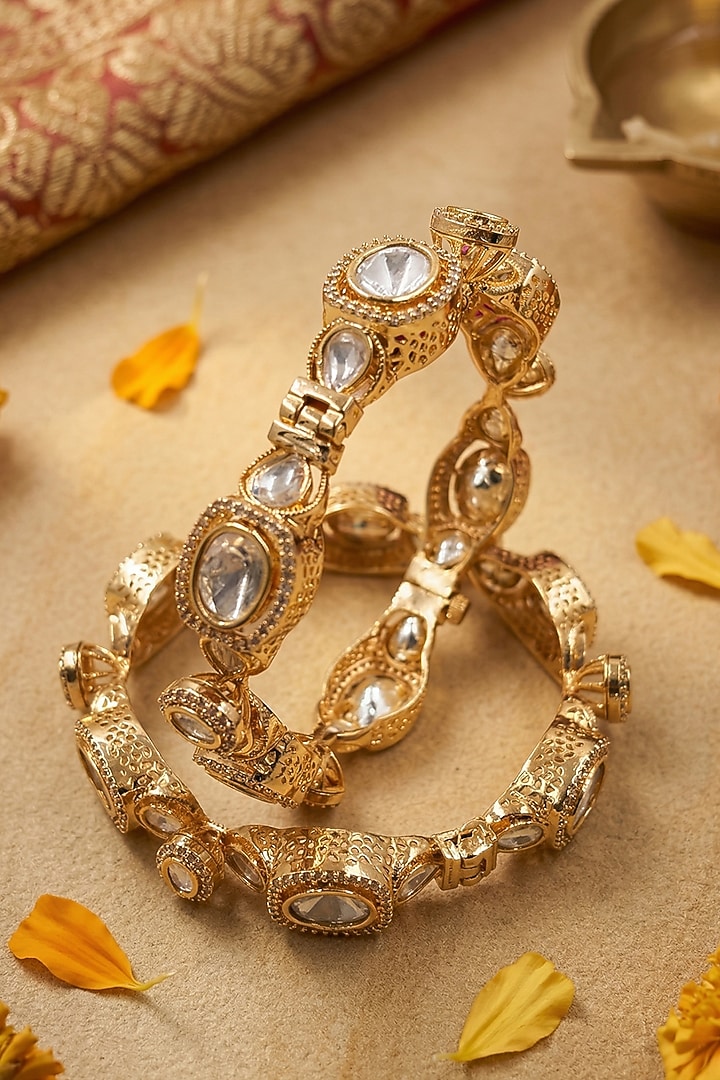 Rose Gold Finish Kundan Polki & White Stone Bangles (Set Of 2) by Gehna Shop at Pernia's Pop Up Shop