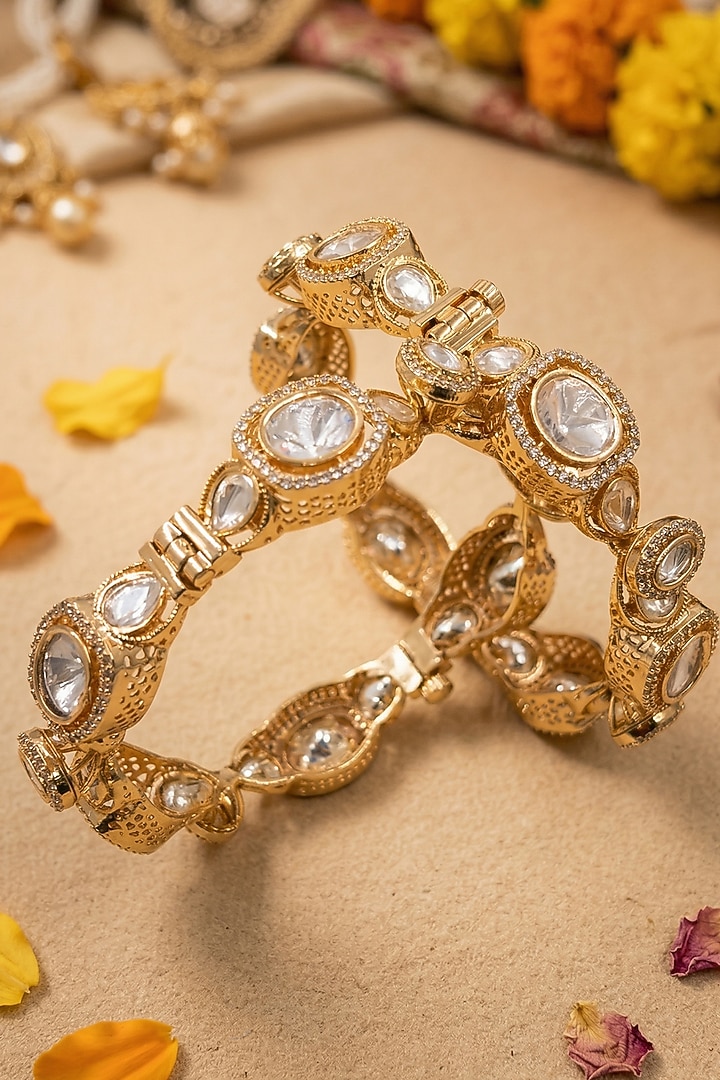 Rose Gold Finish Kundan Polki & White Stone Bangles (Set Of 2) by Gehna Shop at Pernia's Pop Up Shop