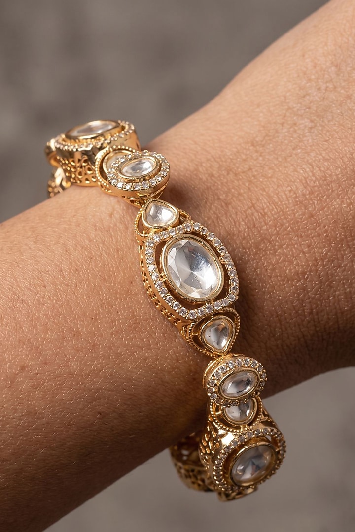 Rose Gold Finish Kundan Polki & White Stone Bangles (Set Of 2) by Gehna Shop at Pernia's Pop Up Shop