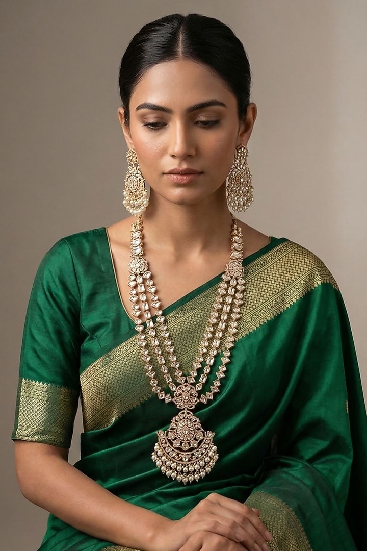 Gold Finish Kundan Polki & American Diamond Long Necklace Set by Gehna Shop at Pernia's Pop Up Shop