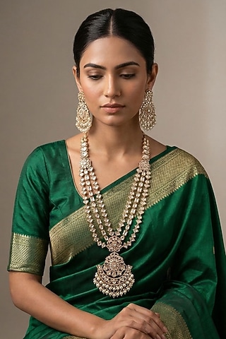 Gold Finish Kundan Polki & American Diamond Long Necklace Set by IndieBlingz