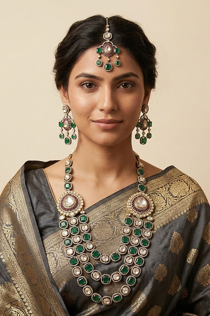 Victorian Finish Kundan Polki & Green Doublet Stone Layered Necklace Set by Gehna Shop at Pernia's Pop Up Shop