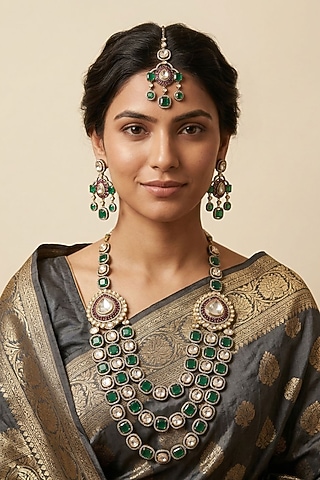 Victorian Finish Kundan Polki & Green Doublet Stone Layered Necklace Set by Gehna Shop