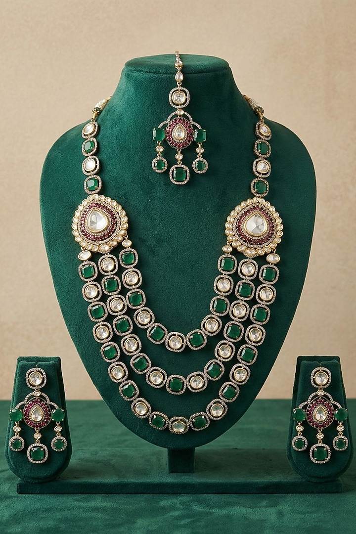 Victorian Finish Kundan Polki & Green Doublet Stone Layered Necklace Set by Gehna Shop at Pernia's Pop Up Shop