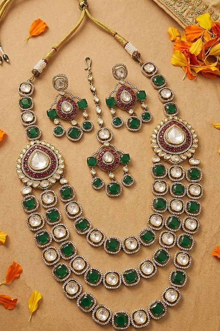Victorian Finish Kundan Polki & Green Doublet Stone Layered Necklace Set by Gehna Shop at Pernia's Pop Up Shop