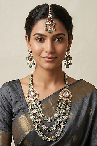 Victorian Finish Kundan Polki & Mint Green Doublet Stone Layered Necklace Set by Gehna Shop