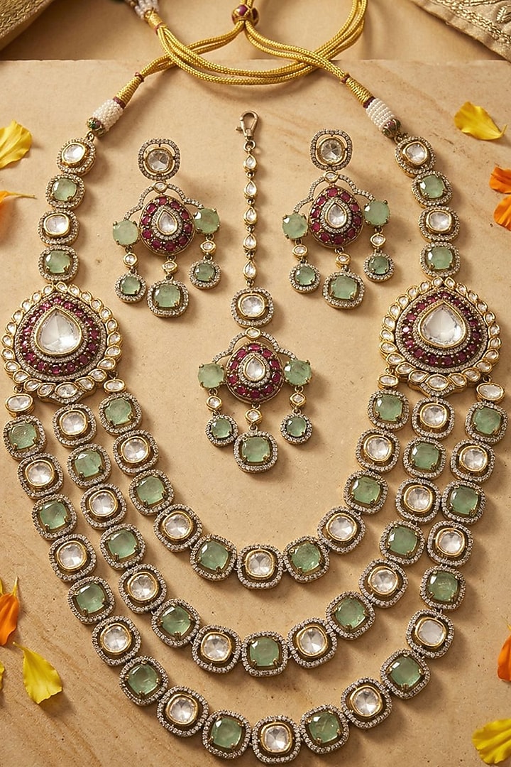 Victorian Finish Kundan Polki & Mint Green Doublet Stone Layered Necklace Set by Gehna Shop at Pernia's Pop Up Shop