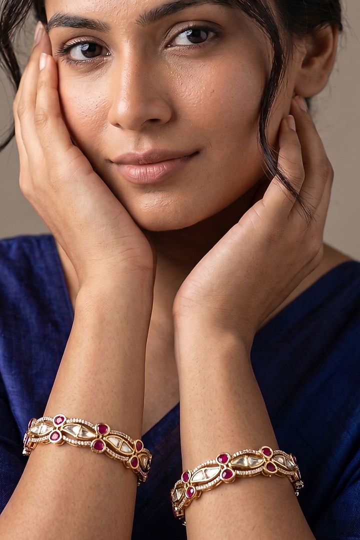 Gold Finish Red Kundan Polki Bangles (Set Of 2) by Gehna Shop at Pernia's Pop Up Shop