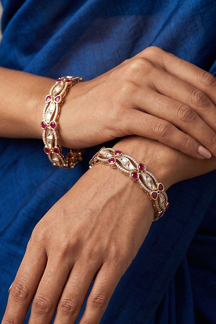 Gold Finish Red Kundan Polki Bangles (Set Of 2) by Gehna Shop at Pernia's Pop Up Shop