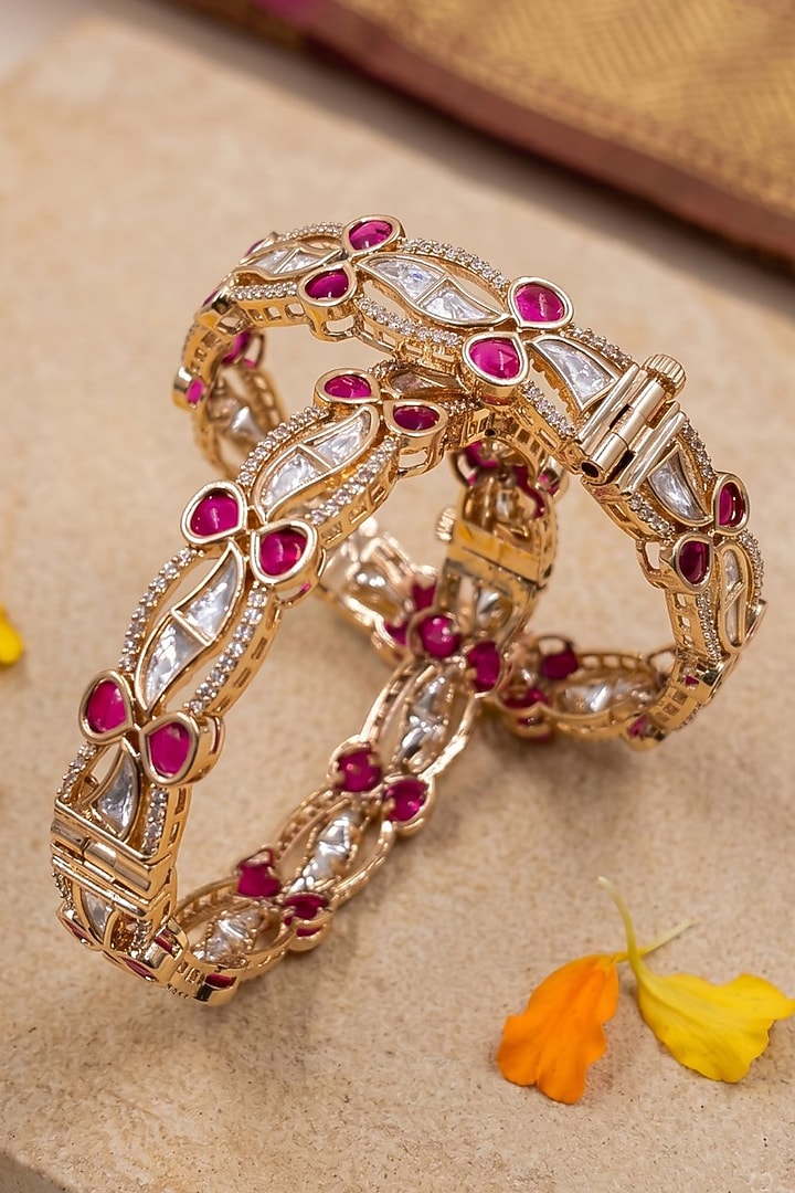 Gold Finish Red Kundan Polki Bangles (Set Of 2) by Gehna Shop at Pernia's Pop Up Shop