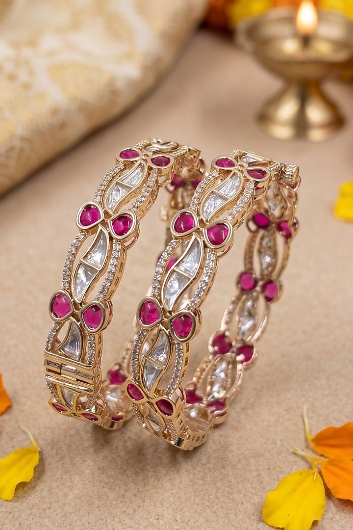 Gold Finish Red Kundan Polki Bangles (Set Of 2) by Gehna Shop at Pernia's Pop Up Shop