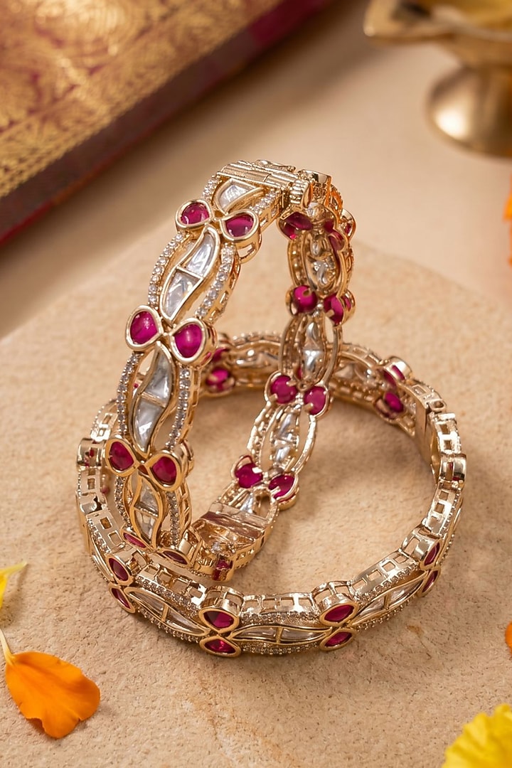 Gold Finish Red Kundan Polki Bangles (Set Of 2) by Gehna Shop at Pernia's Pop Up Shop
