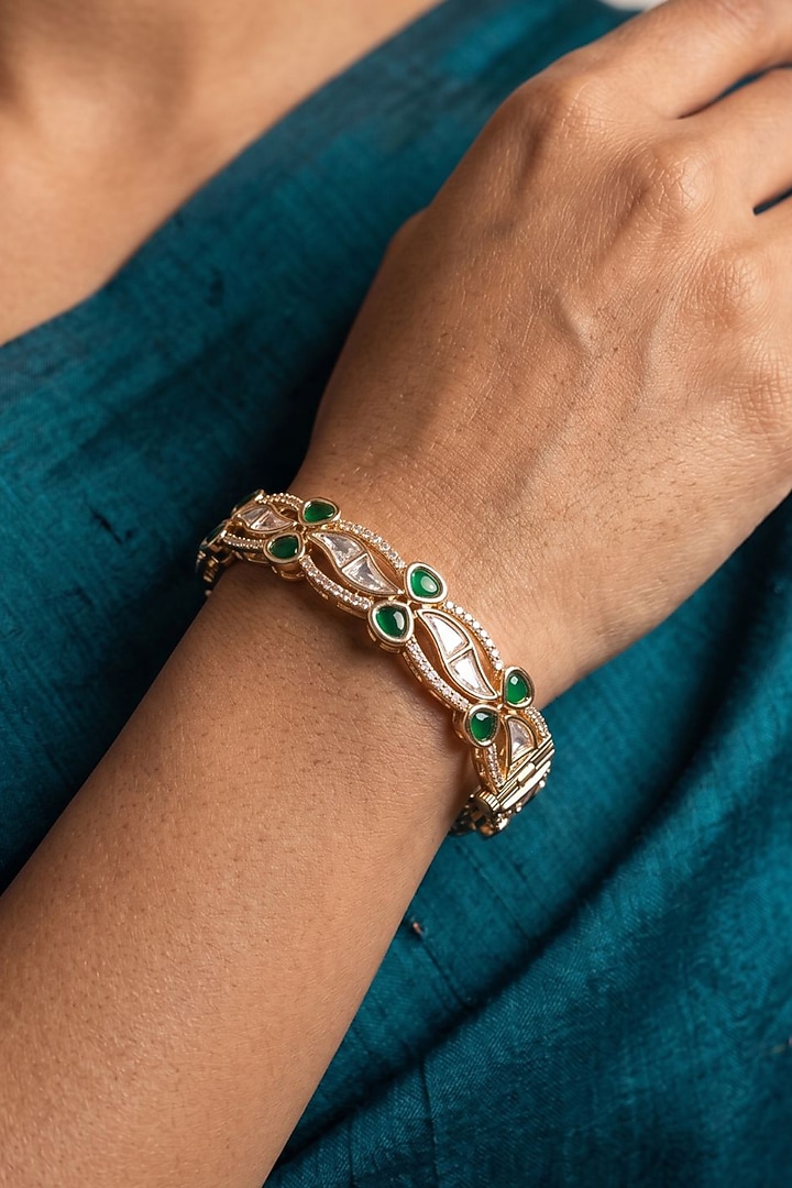 Gold Finish Green Kundan Polki Bangles (Set Of 2) by Gehna Shop at Pernia's Pop Up Shop