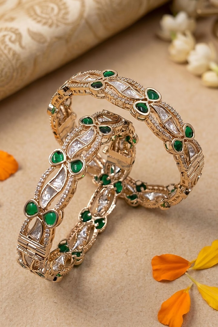 Gold Finish Green Kundan Polki Bangles (Set Of 2) by Gehna Shop at Pernia's Pop Up Shop