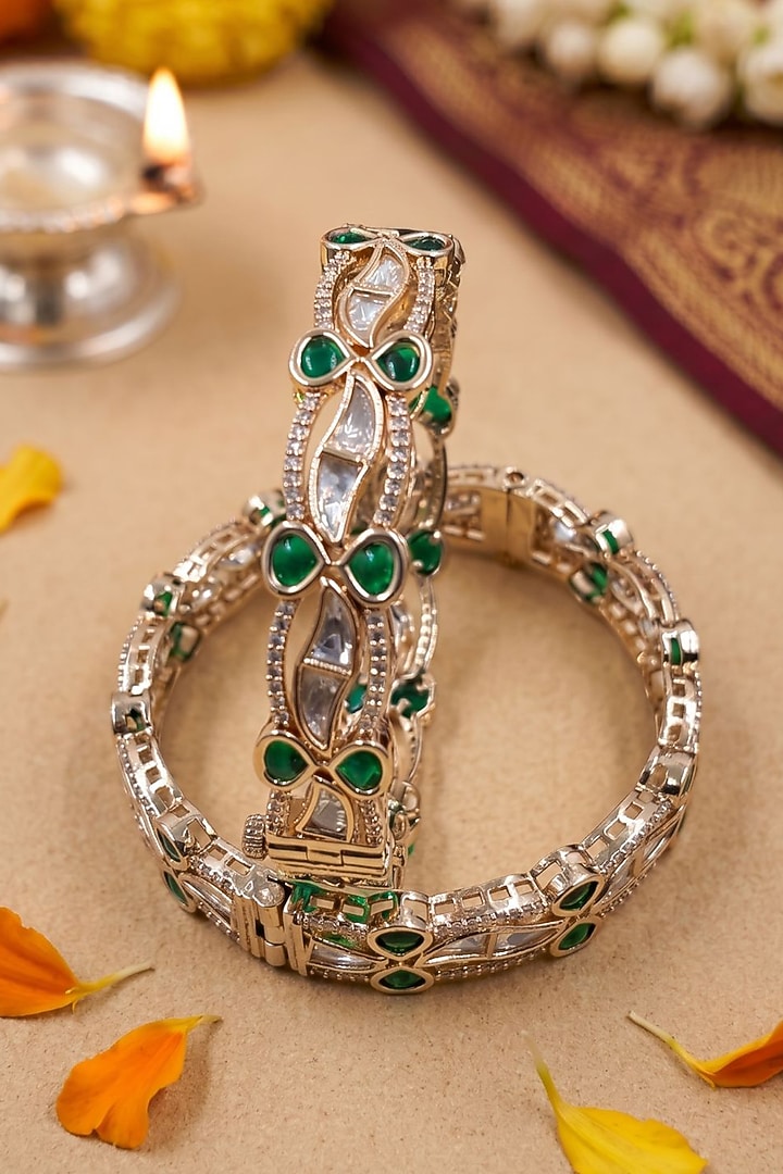 Gold Finish Green Kundan Polki Bangles (Set Of 2) by Gehna Shop at Pernia's Pop Up Shop