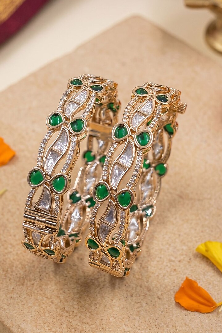 Gold Finish Green Kundan Polki Bangles (Set Of 2) by Gehna Shop at Pernia's Pop Up Shop