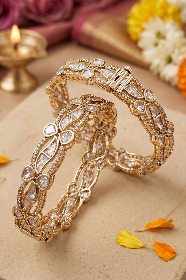Gold Finish Kundan Polki Bangles (Set Of 2) by Gehna Shop at Pernia's Pop Up Shop