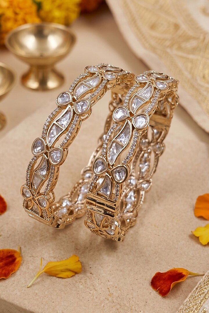 Gold Finish Kundan Polki Bangles (Set Of 2) by Gehna Shop at Pernia's Pop Up Shop