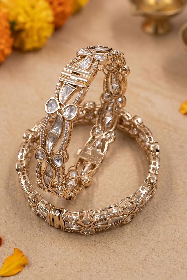 Gold Finish Kundan Polki Bangles (Set Of 2) by Gehna Shop at Pernia's Pop Up Shop
