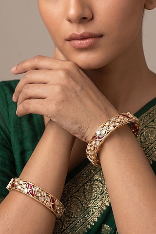 Gold Finish Red Kundan Polki Bangles (Set Of 2) by IndieBlingz