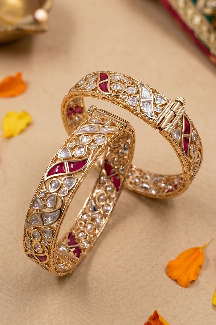 Gold Finish Red Kundan Polki Bangles (Set Of 2) by Gehna Shop at Pernia's Pop Up Shop