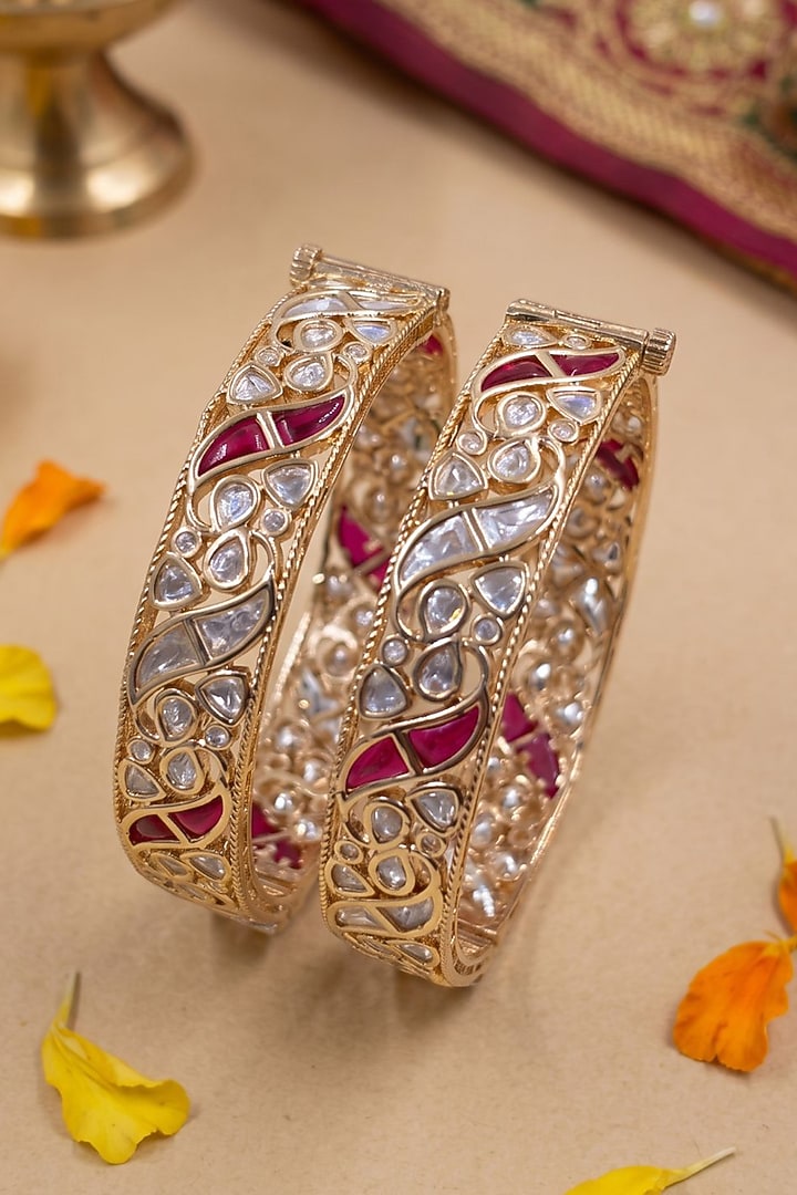 Gold Finish Red Kundan Polki Bangles (Set Of 2) by Gehna Shop at Pernia's Pop Up Shop