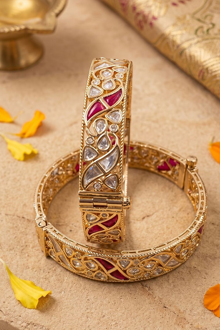 Gold Finish Red Kundan Polki Bangles (Set Of 2) by Gehna Shop at Pernia's Pop Up Shop