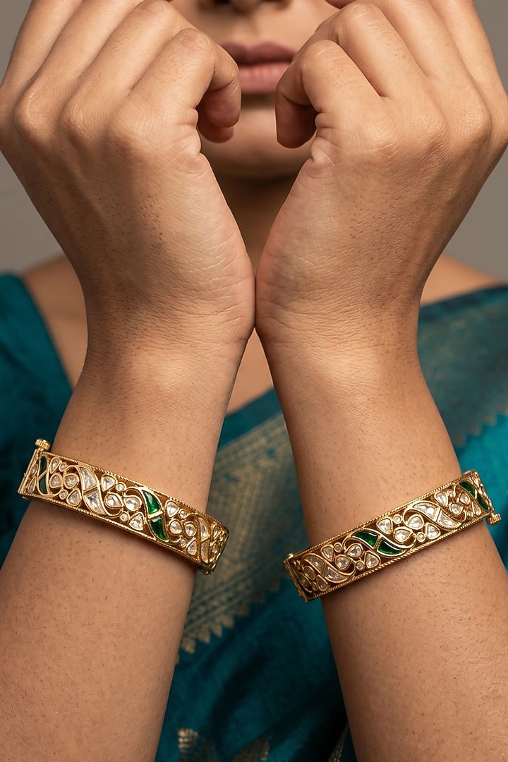 Gold Finish Green Kundan Polki Bangles (Set Of 2) by Gehna Shop at Pernia's Pop Up Shop