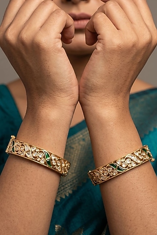 Gold Finish Green Kundan Polki Bangles (Set Of 2) by IndieBlingz