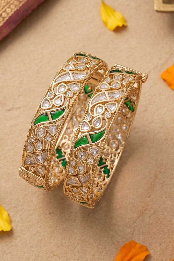 Gold Finish Green Kundan Polki Bangles (Set Of 2) by Gehna Shop at Pernia's Pop Up Shop