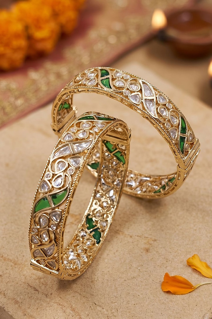 Gold Finish Green Kundan Polki Bangles (Set Of 2) by Gehna Shop at Pernia's Pop Up Shop