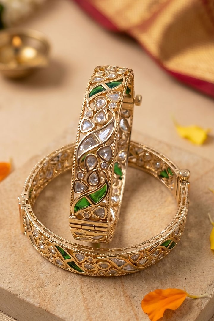 Gold Finish Green Kundan Polki Bangles (Set Of 2) by Gehna Shop at Pernia's Pop Up Shop