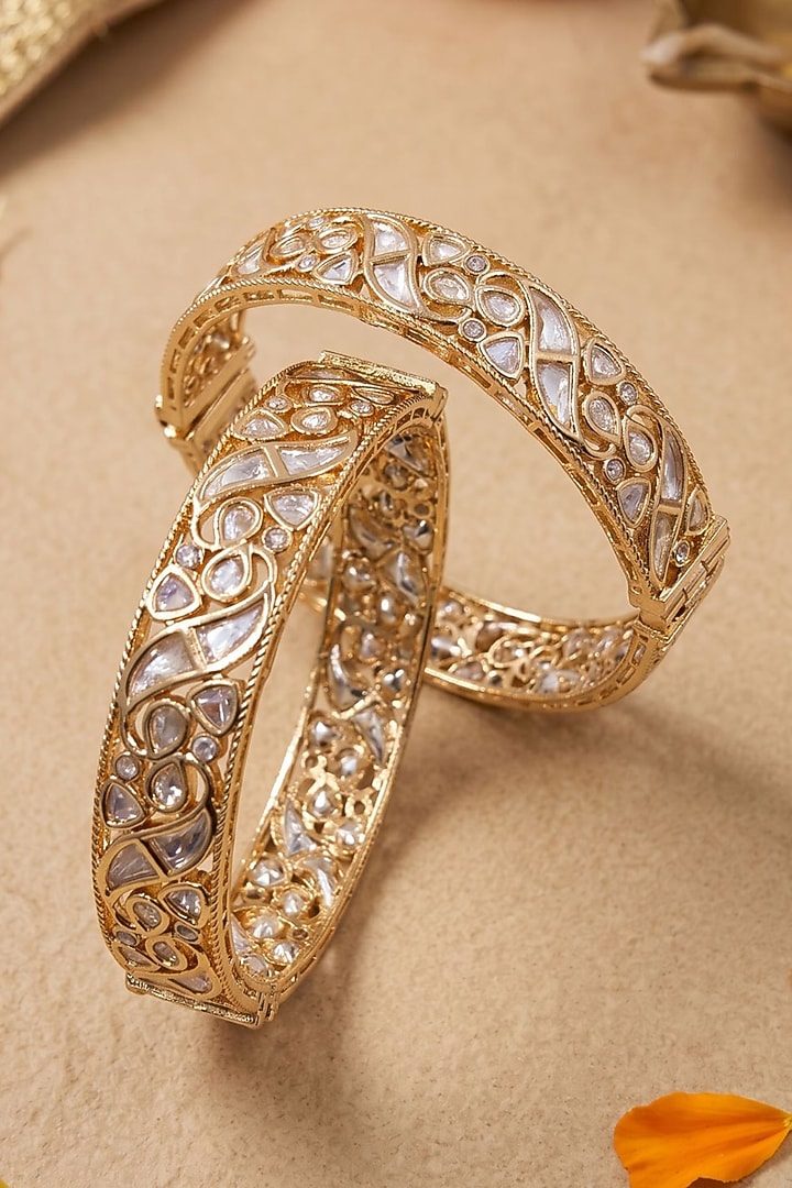 Gold Finish Red Kundan Polki Bangles (Set Of 2) by Gehna Shop at Pernia's Pop Up Shop