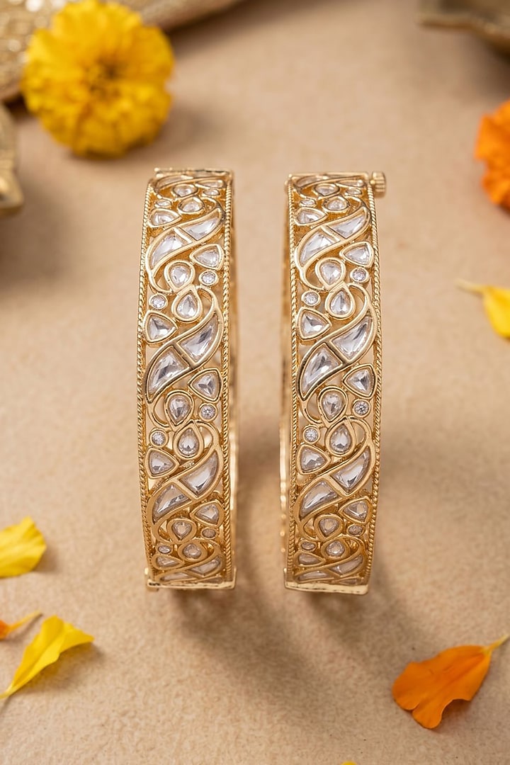 Gold Finish Red Kundan Polki Bangles (Set Of 2) by Gehna Shop at Pernia's Pop Up Shop