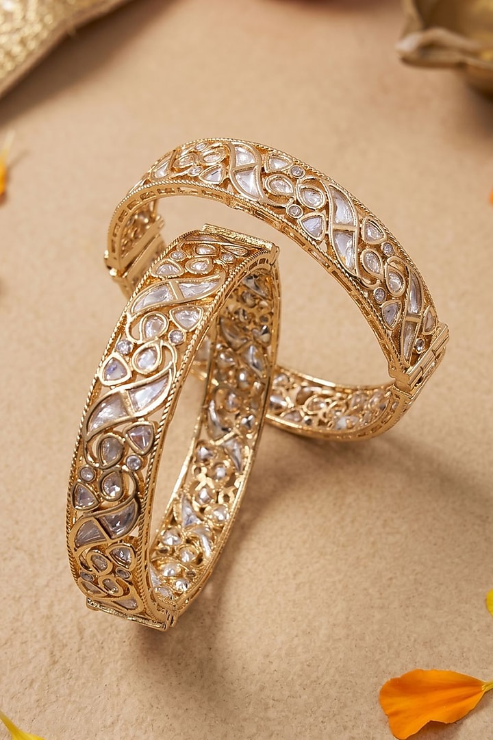 Gold Finish Red Kundan Polki Bangles (Set Of 2) by Gehna Shop at Pernia's Pop Up Shop