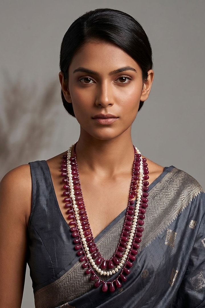 Gold Finish Ruby Beaded Layered Necklace by Gehna Shop at Pernia's Pop Up Shop