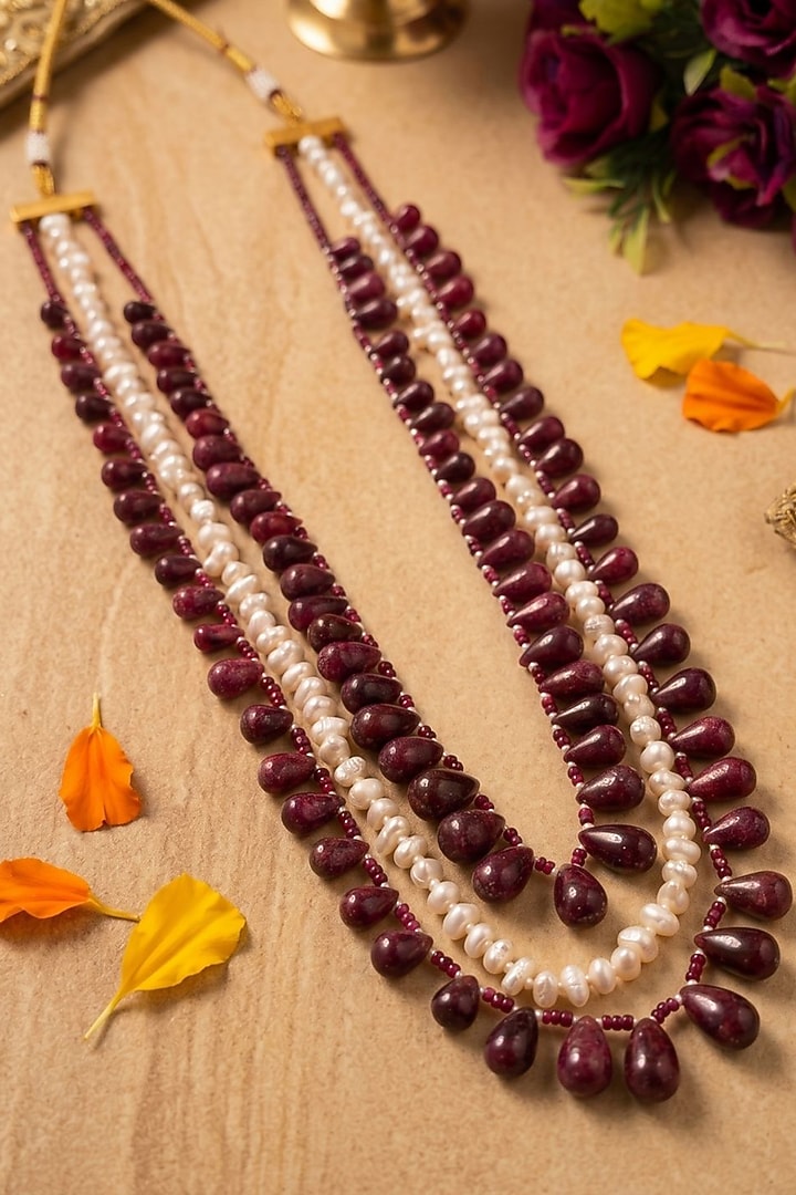Gold Finish Ruby Beaded Layered Necklace by Gehna Shop at Pernia's Pop Up Shop