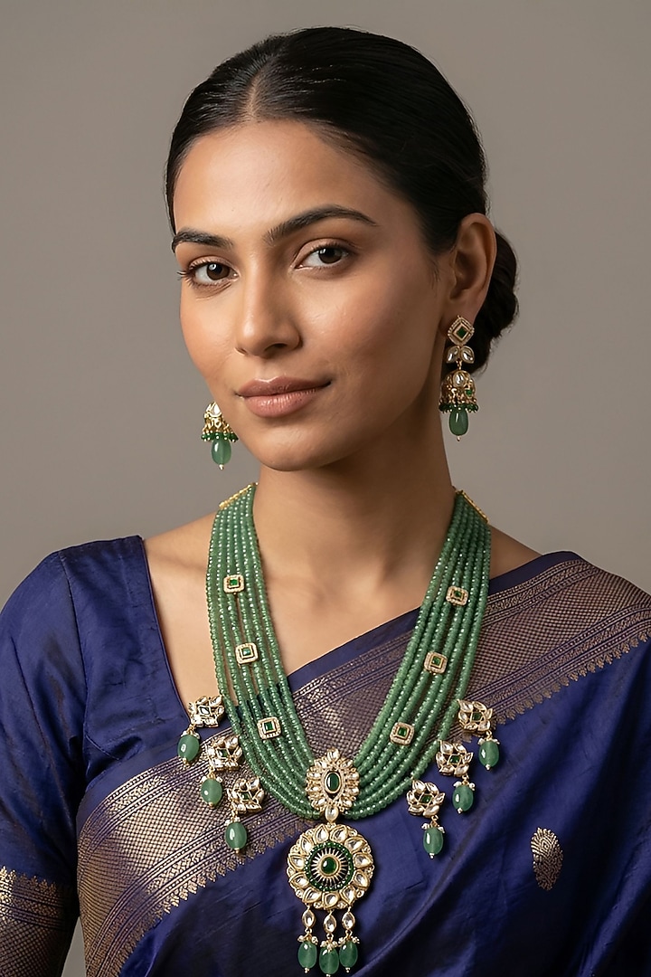 Gold Finish Green Kundan Polki & Beaded Necklace Set by Gehna Shop at Pernia's Pop Up Shop