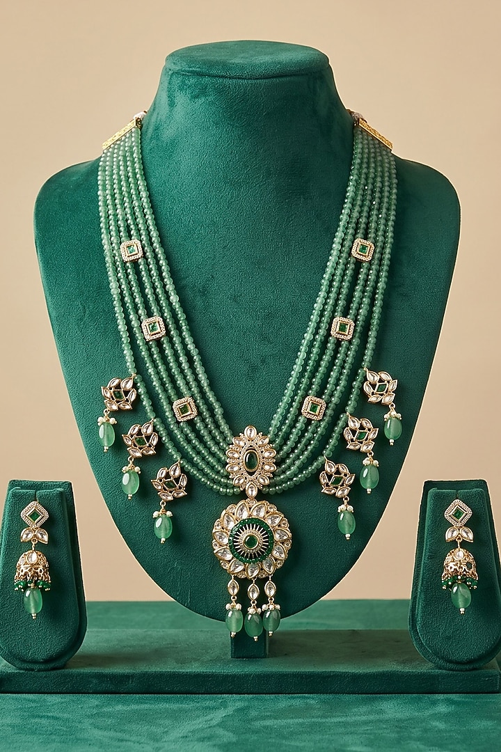 Gold Finish Green Kundan Polki & Beaded Necklace Set by Gehna Shop at Pernia's Pop Up Shop