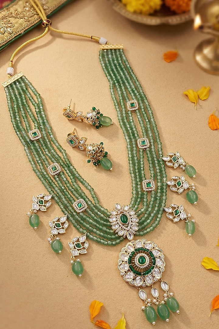 Gold Finish Green Kundan Polki & Beaded Necklace Set by Gehna Shop at Pernia's Pop Up Shop