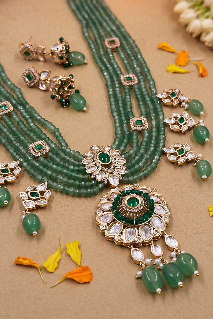 Gold Finish Green Kundan Polki & Beaded Necklace Set by Gehna Shop at Pernia's Pop Up Shop
