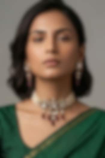 Gold Finish Red Kundan Polki & Beaded Choker Necklace Set by Gehna Shop at Pernia's Pop Up Shop