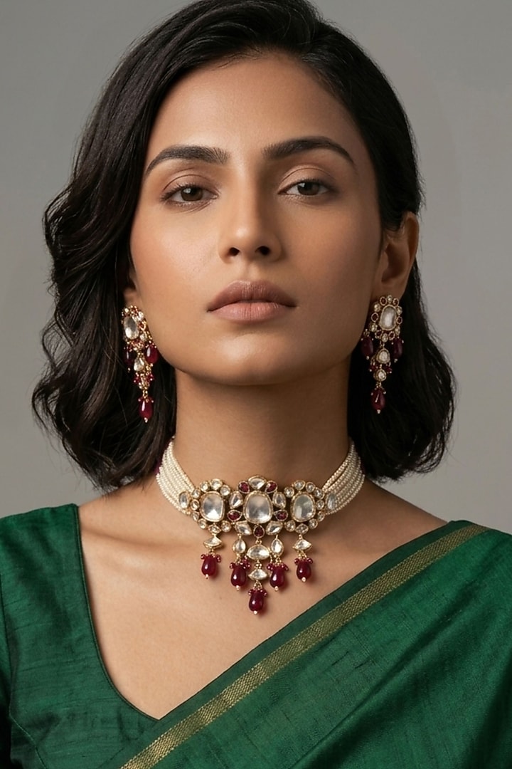 Gold Finish Red Kundan Polki & Beaded Choker Necklace Set by Gehna Shop at Pernia's Pop Up Shop