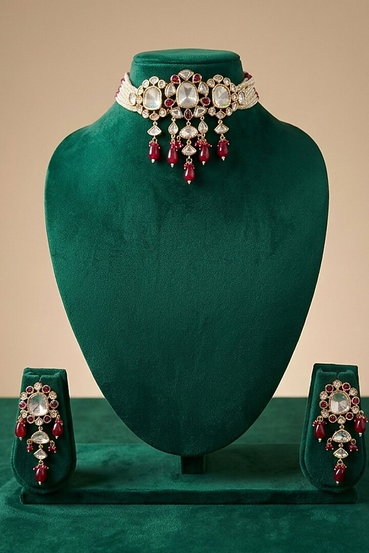 Gold Finish Red Kundan Polki & Beaded Choker Necklace Set by Gehna Shop at Pernia's Pop Up Shop