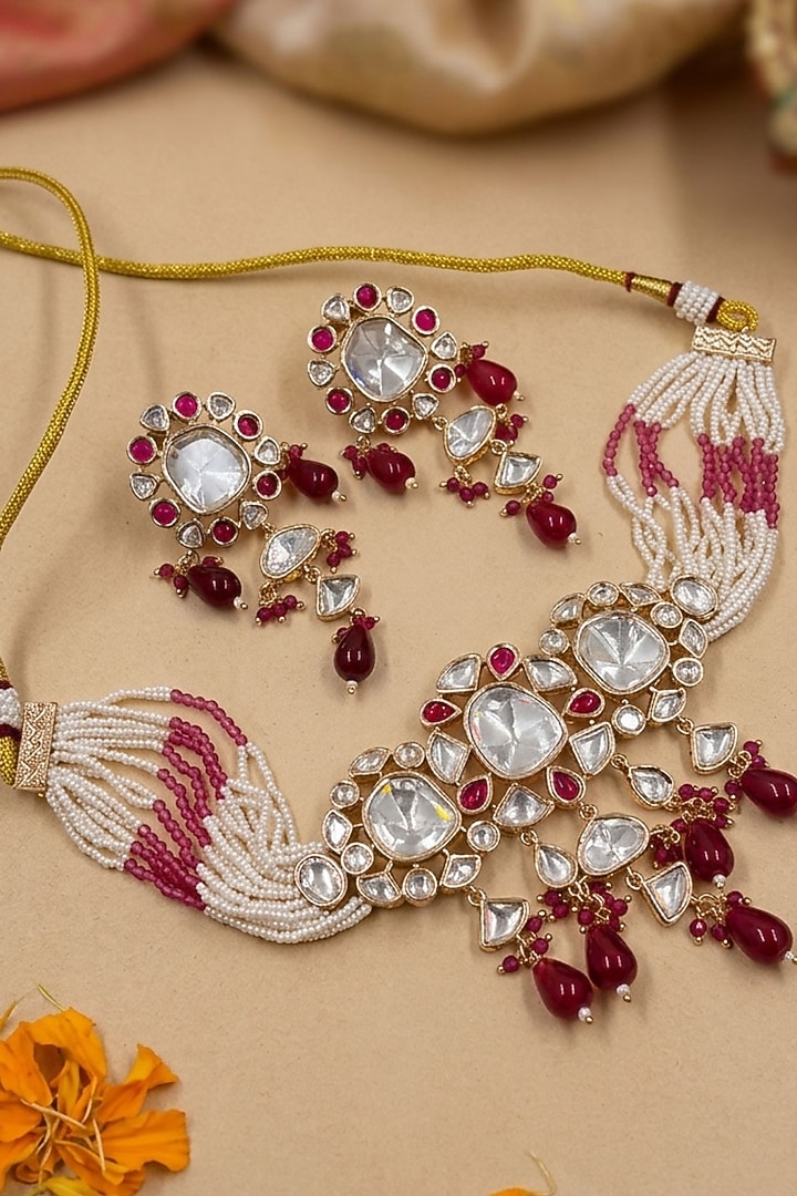 Gold Finish Red Kundan Polki & Beaded Choker Necklace Set by Gehna Shop at Pernia's Pop Up Shop
