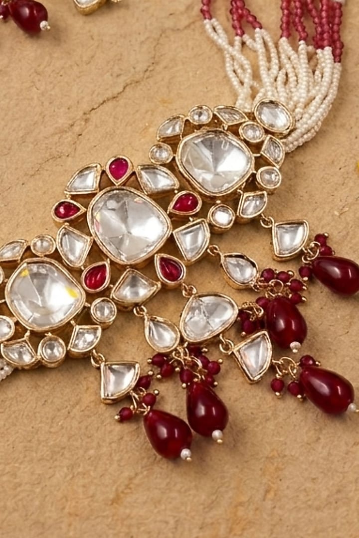 Gold Finish Red Kundan Polki & Beaded Choker Necklace Set by Gehna Shop at Pernia's Pop Up Shop